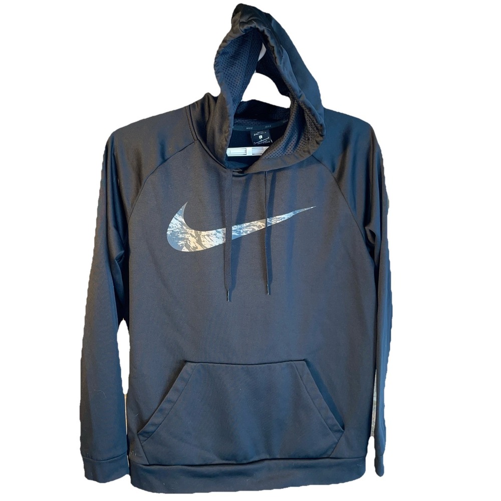 Nike Dri Fit Mens Black Training Big‎ Logo Swoosh Hoodie Sweatshirt Camo Check L